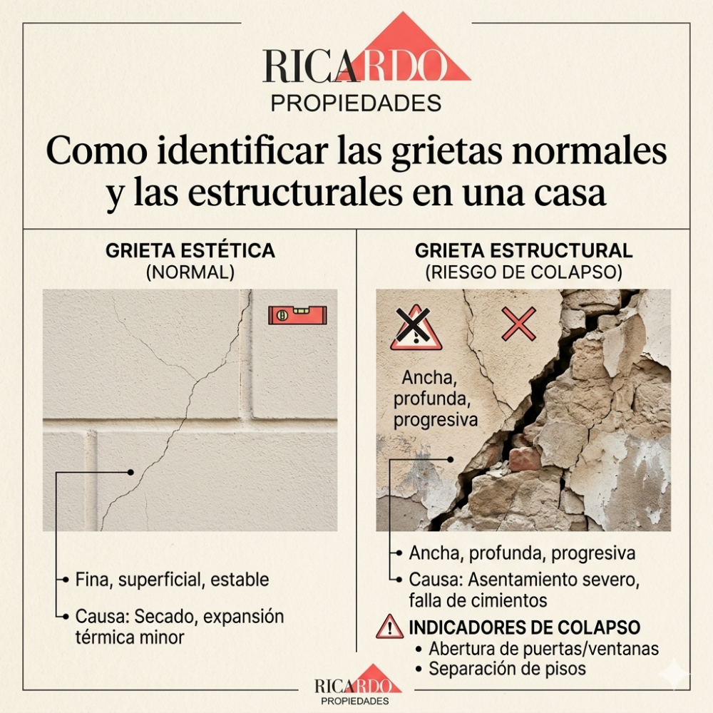 Como identificar si las grietas en una pared son esteticas (asentamiento normal) o estructurales (riesgo de colapso) durante una visita rapida